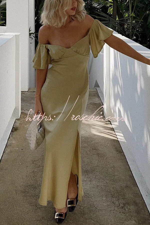 Pure Love Satin Butterfly Sleeve Slit Midi Dress