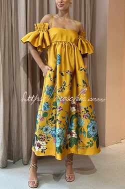 Sweetest Marigold Printed Gathered Sleeve Pocketed A-line Midi Dress