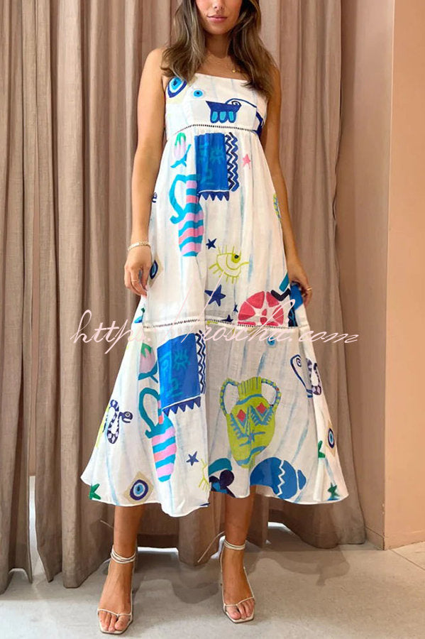 She's The Fun Linen Blend Playful Print Ladder Trim Midi Dress