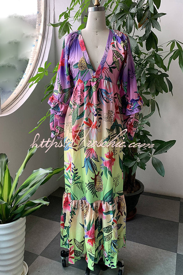 Jessy Tropical Print Tiered Ruffle Balloon Sleeve Vacation Maxi Dress