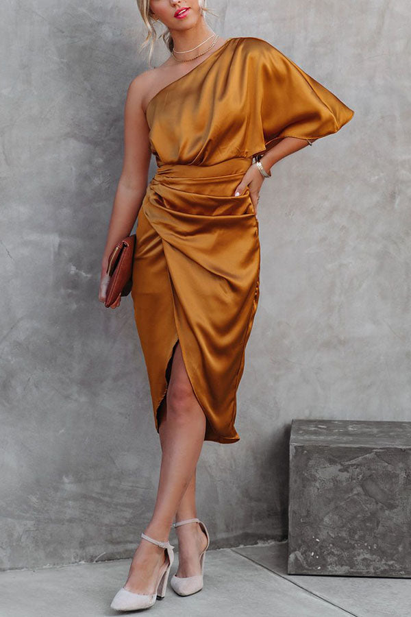 Glam Expectations One Shoulder Satin Drape Dress