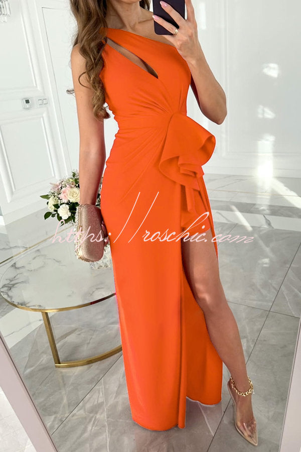 Forever Luxe One Shoulder Cutout Ruffle Split Maxi Dress