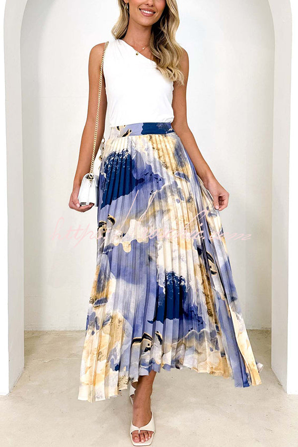 Abstract Art Paint Print Stretch Waist Pleated Skirts