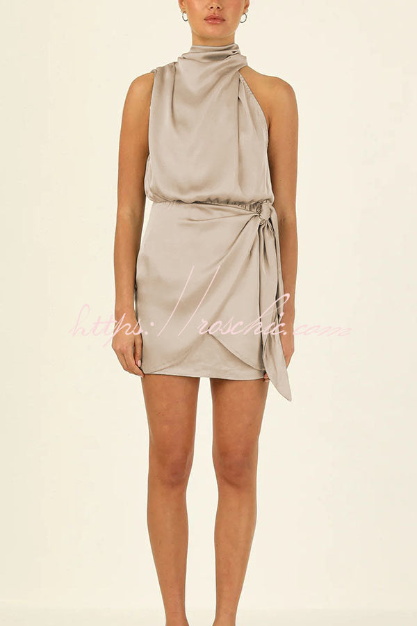 Hollywood Dreams Satin High Neck Wrap Mini Dress