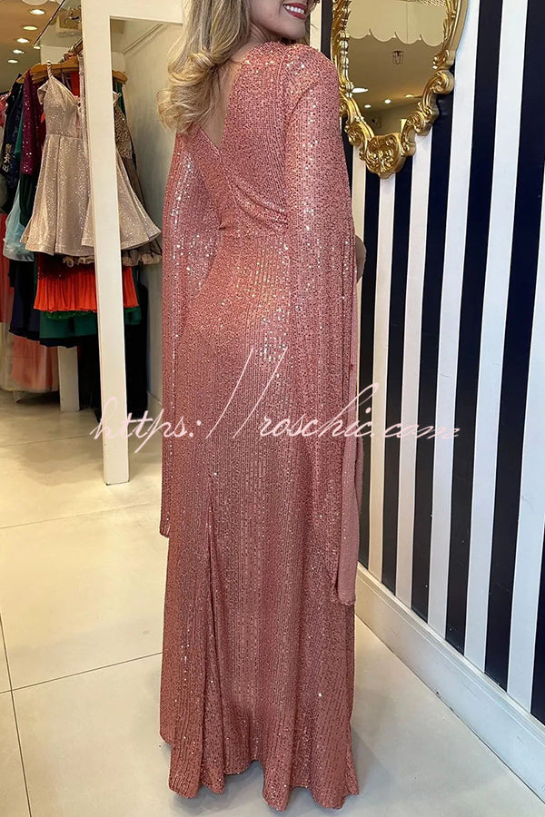 Shine Brighter Sequin Cape Sleeve Cross Waist Evening Maxi Dress