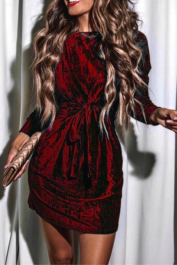 Christmas Tie Waist Velvet Round Neck Long Sleeve Holiday Dress
