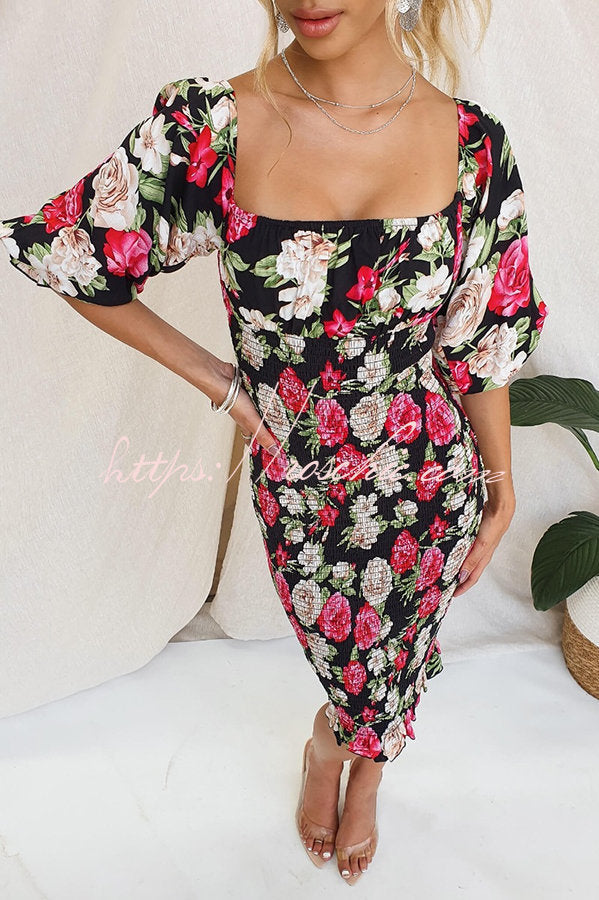 Midnight Beauty Floral Smocked Midi Dress