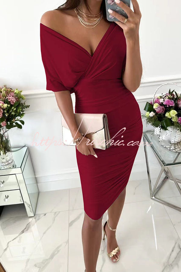 Gorgeous Day Batwing Sleeve Ruched Midi Dress