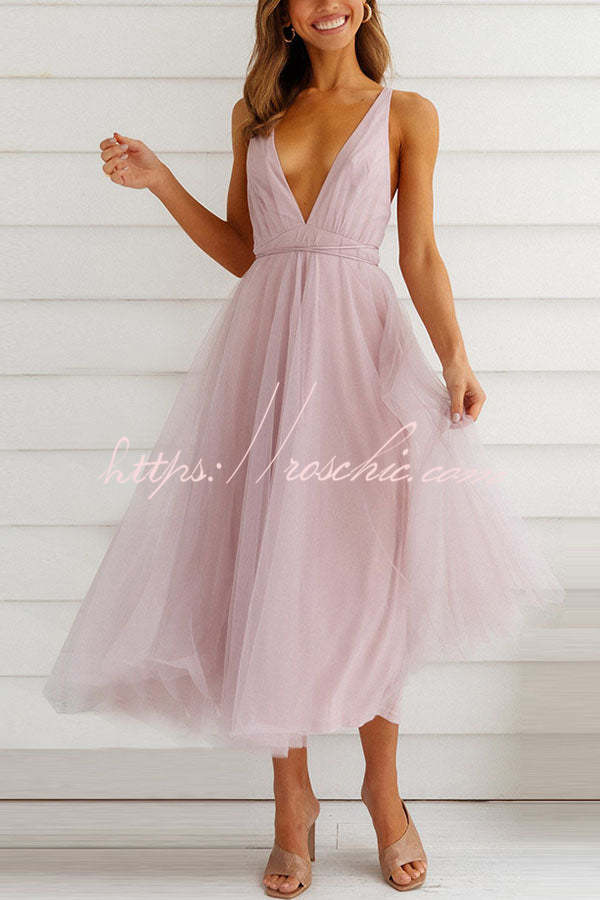 Feeling Romantic V Neck Tulle Midi Dress