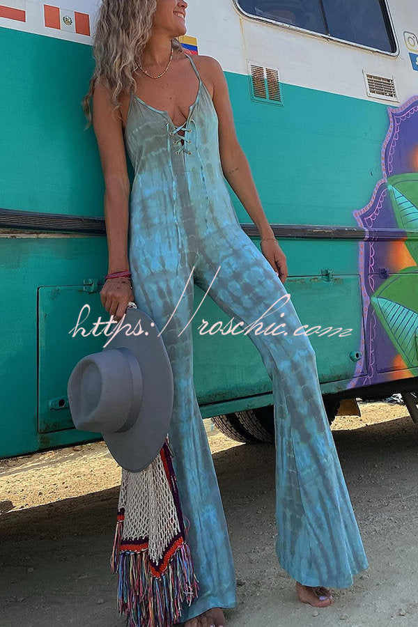 Amelie Tie-dye Print Front Lace-up Stretch Flare Jumpsuit