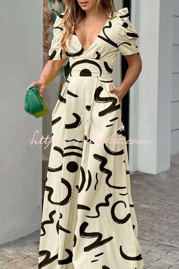 Milly Printed Puff Sleeve Pocketed Wide Leg Jumpsuit