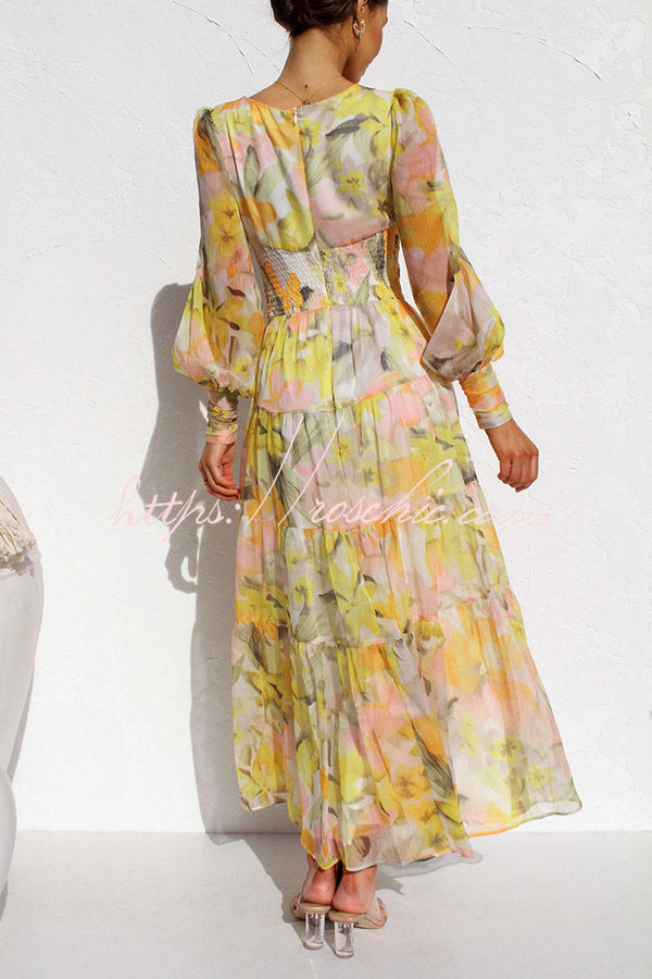 Olena Abstract Floral Balloon Sleeves Maxi Dress (The back is stretchy)