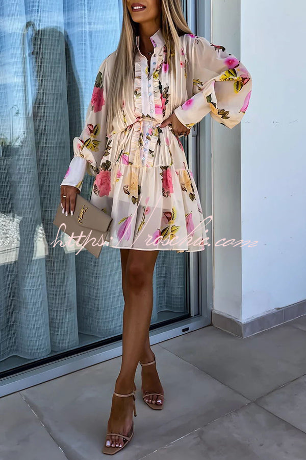 Sunset and Dreams Floral Print Subtle Tuck Lantern Sleeve Belt Mini Dress