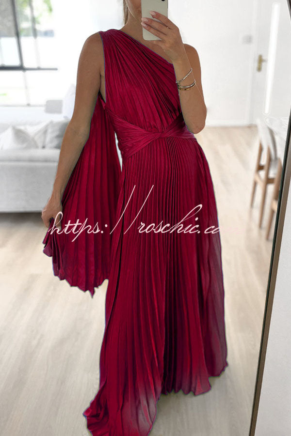 Keira One Shoulder Pleated Satin Maxi Dress