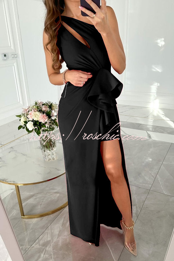 Forever Luxe One Shoulder Cutout Ruffle Split Maxi Dress