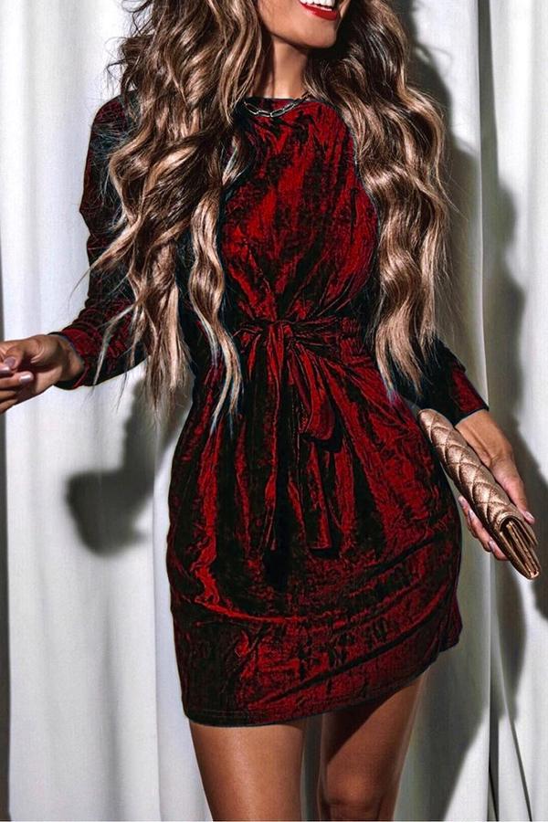 Christmas Tie Waist Velvet Round Neck Long Sleeve Holiday Dress