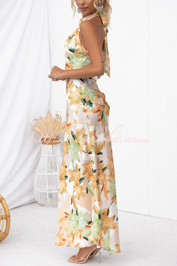 Happier Now Satin Floral Halter Maxi Dress