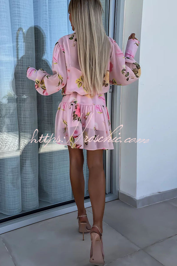 Sunset and Dreams Floral Print Subtle Tuck Lantern Sleeve Belt Mini Dress