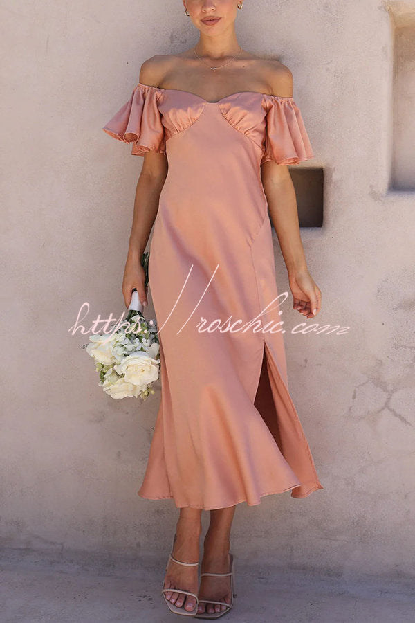 Pure Love Satin Butterfly Sleeve Slit Midi Dress