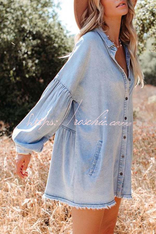 Madden Pocketed Chambray Button Down Denim Tunic Dress