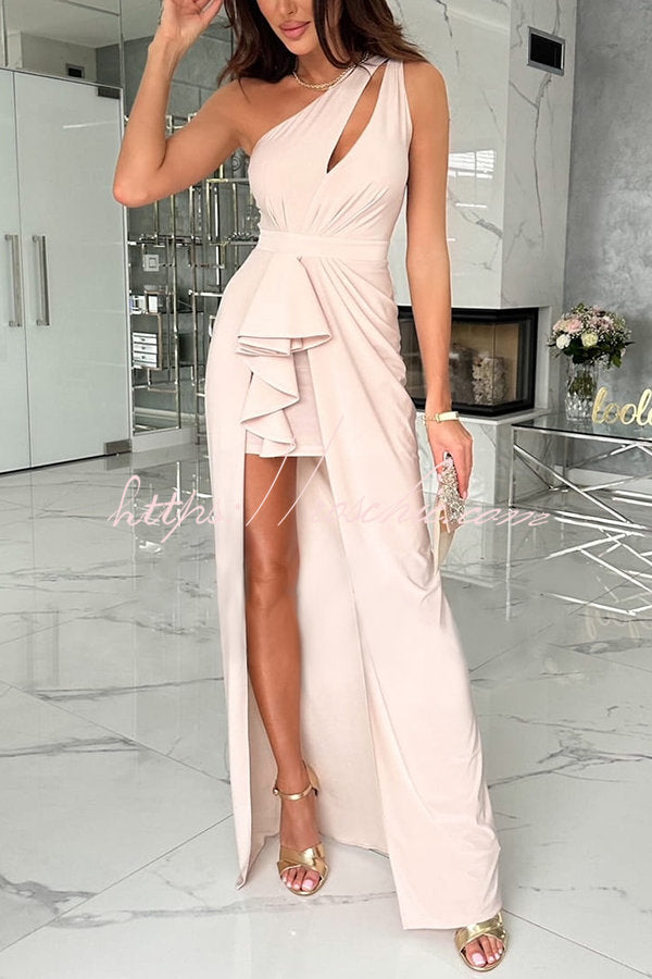 Forever Luxe One Shoulder Cutout Ruffle Split Maxi Dress