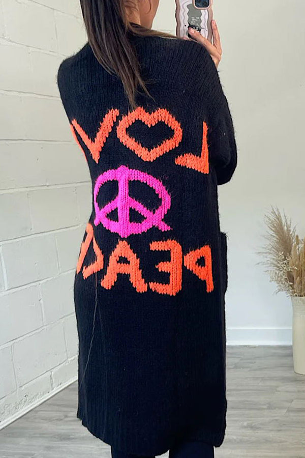 Neon Love Peace Chunky Knit Pocket Straight Midi Cardigan – roschic