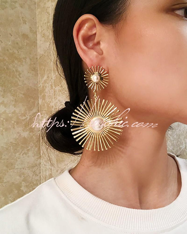 Beaded Double Geometric Pattern Drop Earrings