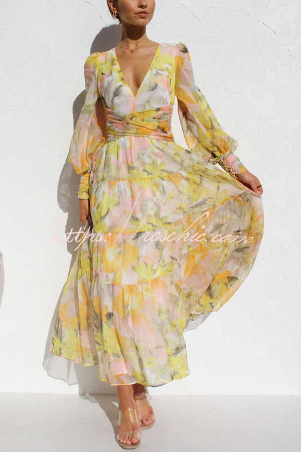 Olena Abstract Floral Balloon Sleeves Maxi Dress (The back is stretchy)