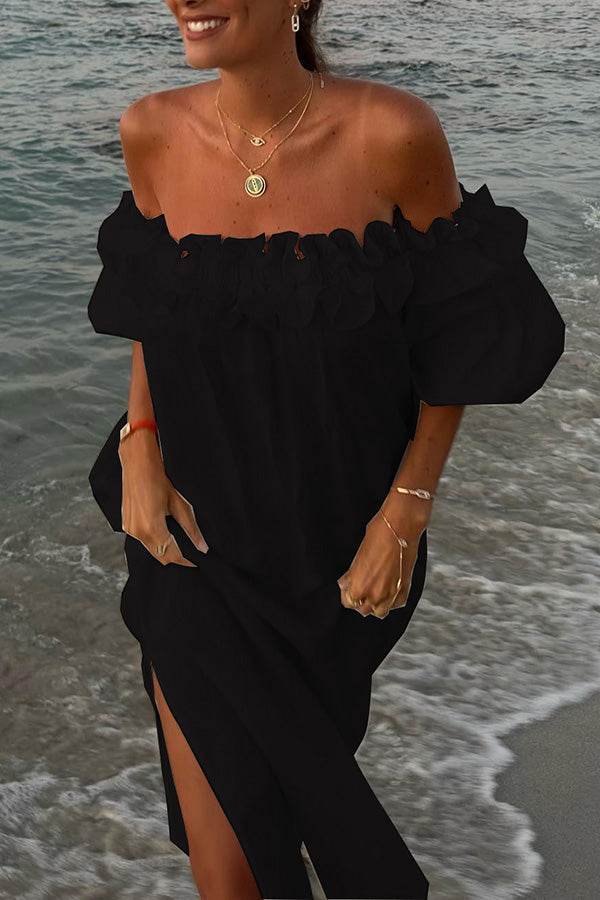 Francisca Linen Blend Off Shoulder Ruffle Puff Sleeve Pocketed Midi Dress, Black / S