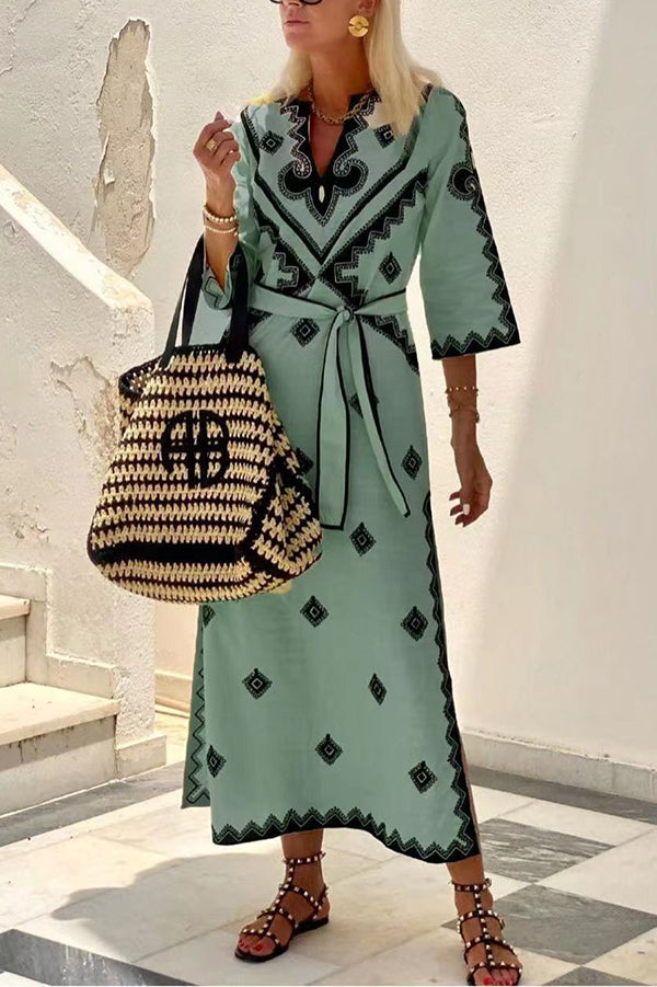 Quiet Atmosphere Linen Blend Ethnic Print Belted Midi Dress roschic Quiet Atmosphere Linen Blend Ethnic Print Belted Midi Dress roschic