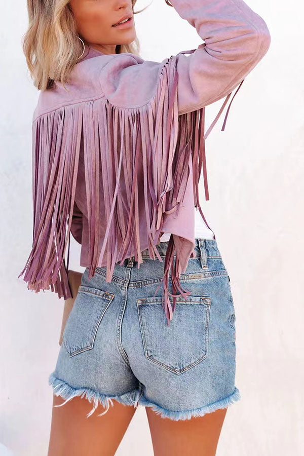 All Night Cropped Fringe Faux Suede Jacket