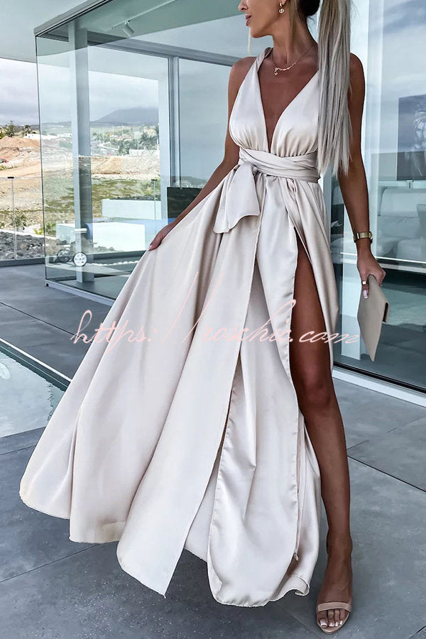 Different Elegant Effects Satin Free Tie Neck Slit Maxi Dress