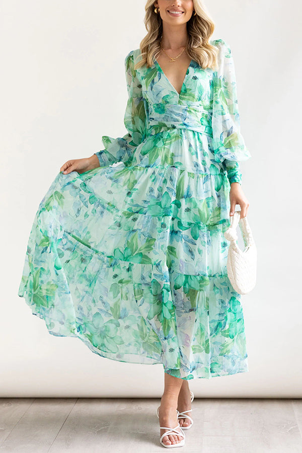 Olena Abstract Floral Balloon Sleeves Maxi Dress (The back is stretchy)