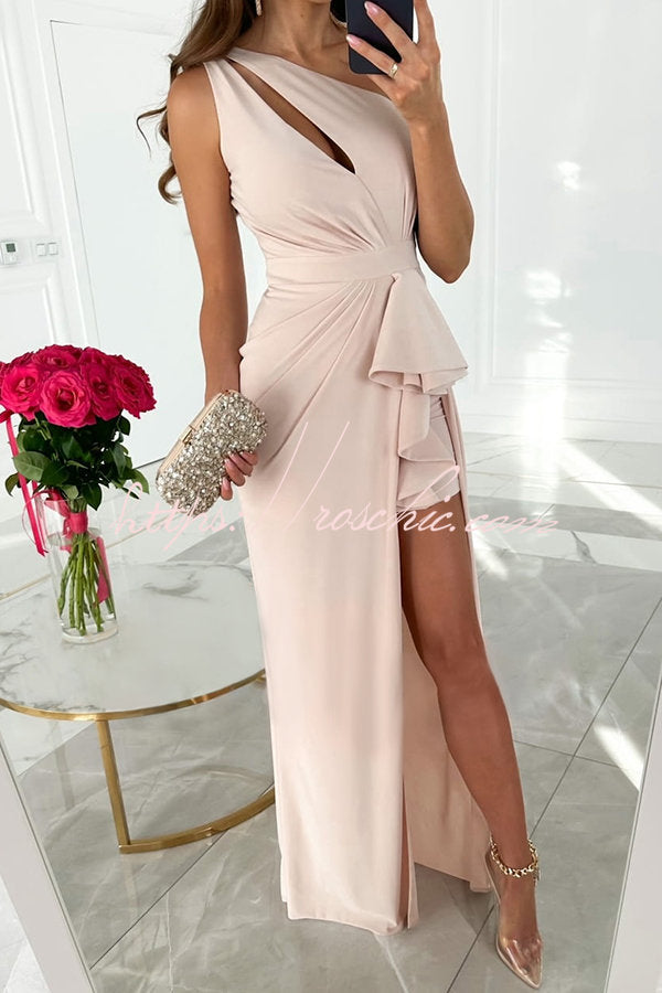 Forever Luxe One Shoulder Cutout Ruffle Split Maxi Dress