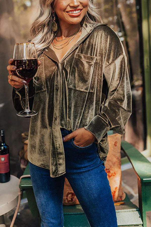 Holiday Happiness Velvet Pocket Button Up Top