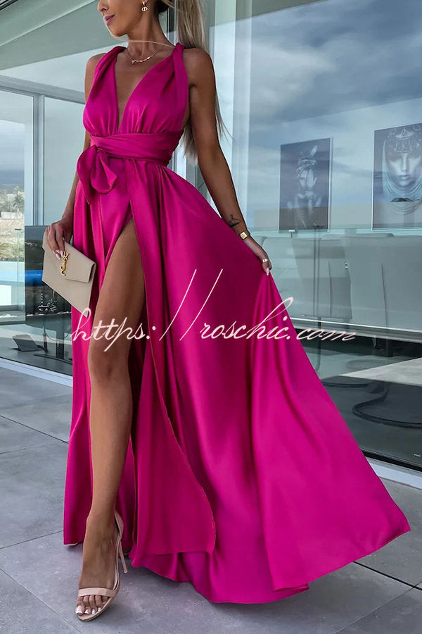 Different Elegant Effects Satin Free Tie Neck Slit Maxi Dress