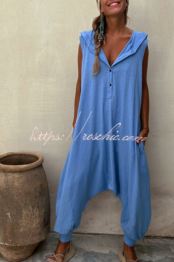 Let's Chill Pocketed Half Button Hooded Loose Jumpsuit