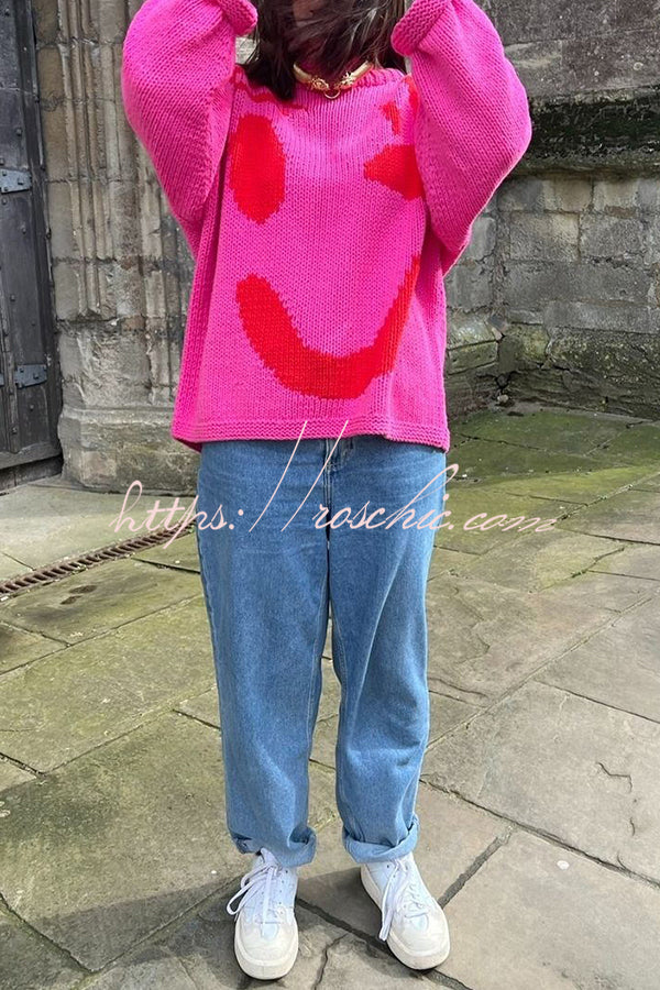 Feel Good Knit Colorful Smiley Face Loose Pullover Sweater