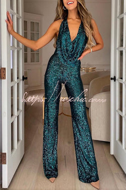 Shimmering Halter Style Drape Neck Wide Leg Jumpsuit