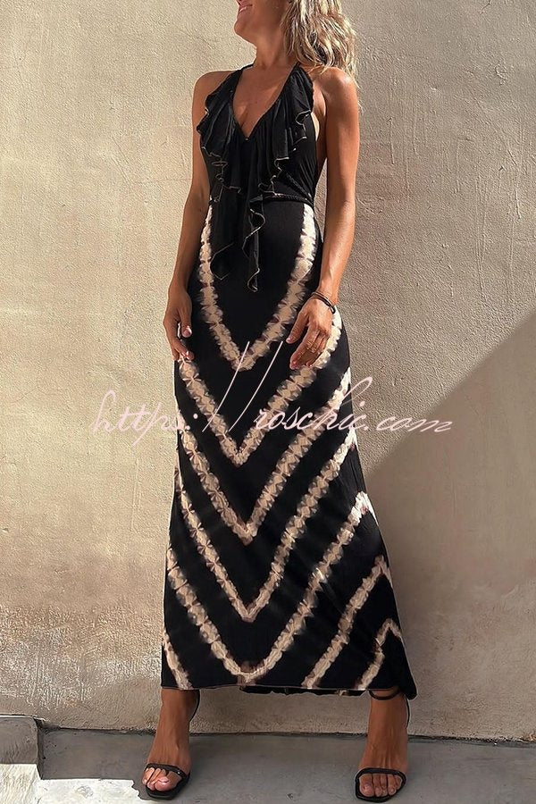 Kyra Ruffle Halter Neck Lace-up Waist Tie-dye Print Maxi Dress