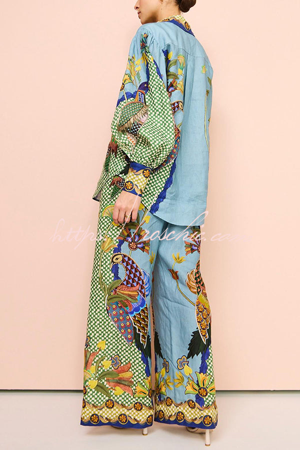 Sun Seeking Unique Heaven Bird Print Balloon Sleeve Button Loose Shirt