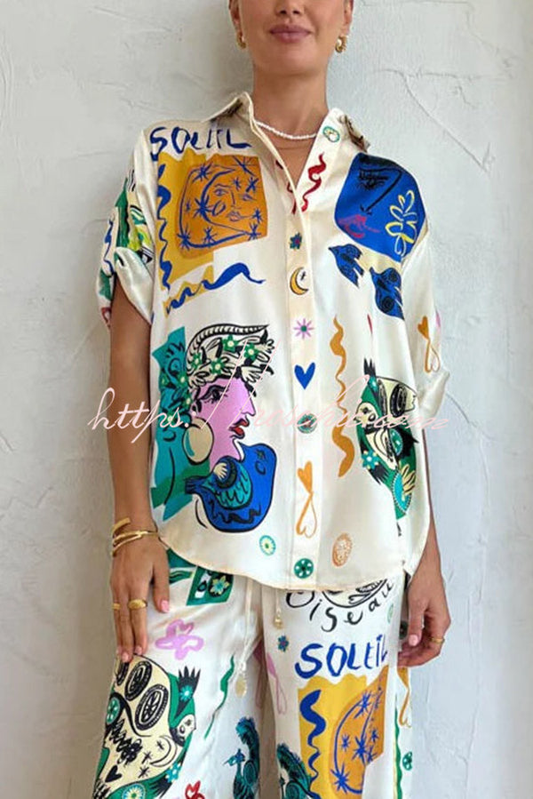 Sun Tribe Satin Unique Print Button Down Oversized Blouse