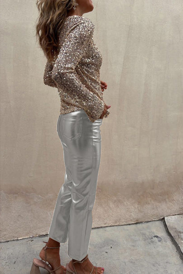 Sinclair Metallic Faux Leather High Rise Pocketed Straight Pants(Shipped Within 24 Hours)