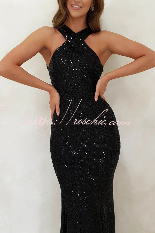 Time To Sparkle Sequin Cross Halter Neck Backless Maxi Dress