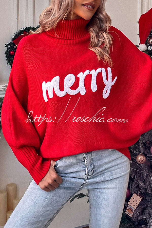 Happy Holidays Contrast Love Letter Turtle Neck Bat Sleeve Sweater