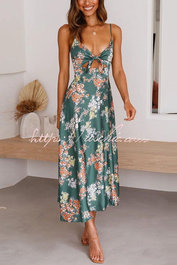 Dreamers Satin Floral Tie Up Slit Midi Dress