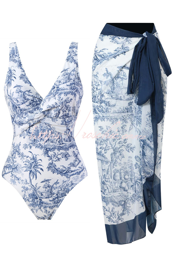 Lake View Print Sling Swimsuit and Bow Tie Lace Up Skirt