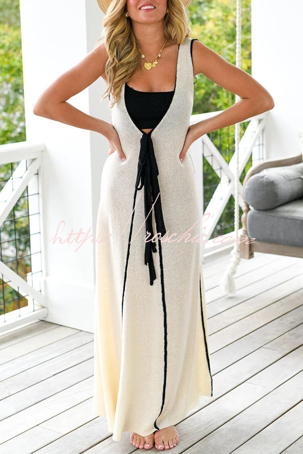 Boat Date Knit Contrast Self Tie Flowy Oversized Maxi Dress