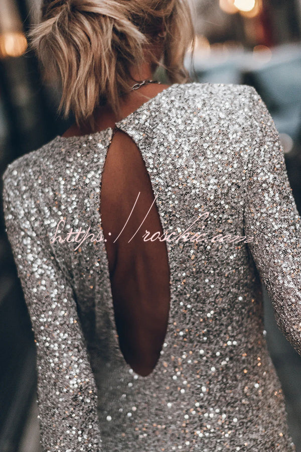 Flash Focus Sequin Extra Long Slit Sleeves Open Back Mini Dress