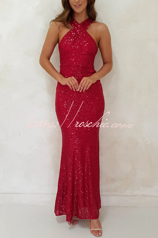 Time To Sparkle Sequin Cross Halter Neck Backless Maxi Dress